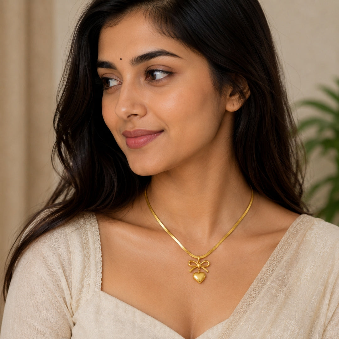 Gold Bow Heart Pendant Necklace | Elegant Minimal Charm Jewellery