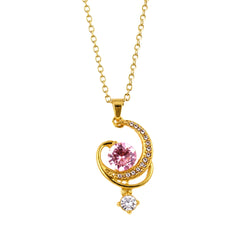 Gold Pink Crystal Crescent Pendant Necklace | Elegant Celestial Charm Jewellery