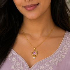 Gold Pink Crystal Crescent Pendant Necklace | Elegant Celestial Charm Jewellery