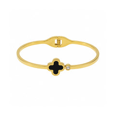 Gold Clover Charm Bracelet | Elegant Black Enamel Statement Bangle