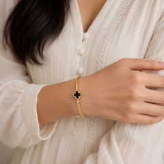 Gold Clover Charm Bracelet | Elegant Black Enamel Statement Bangle