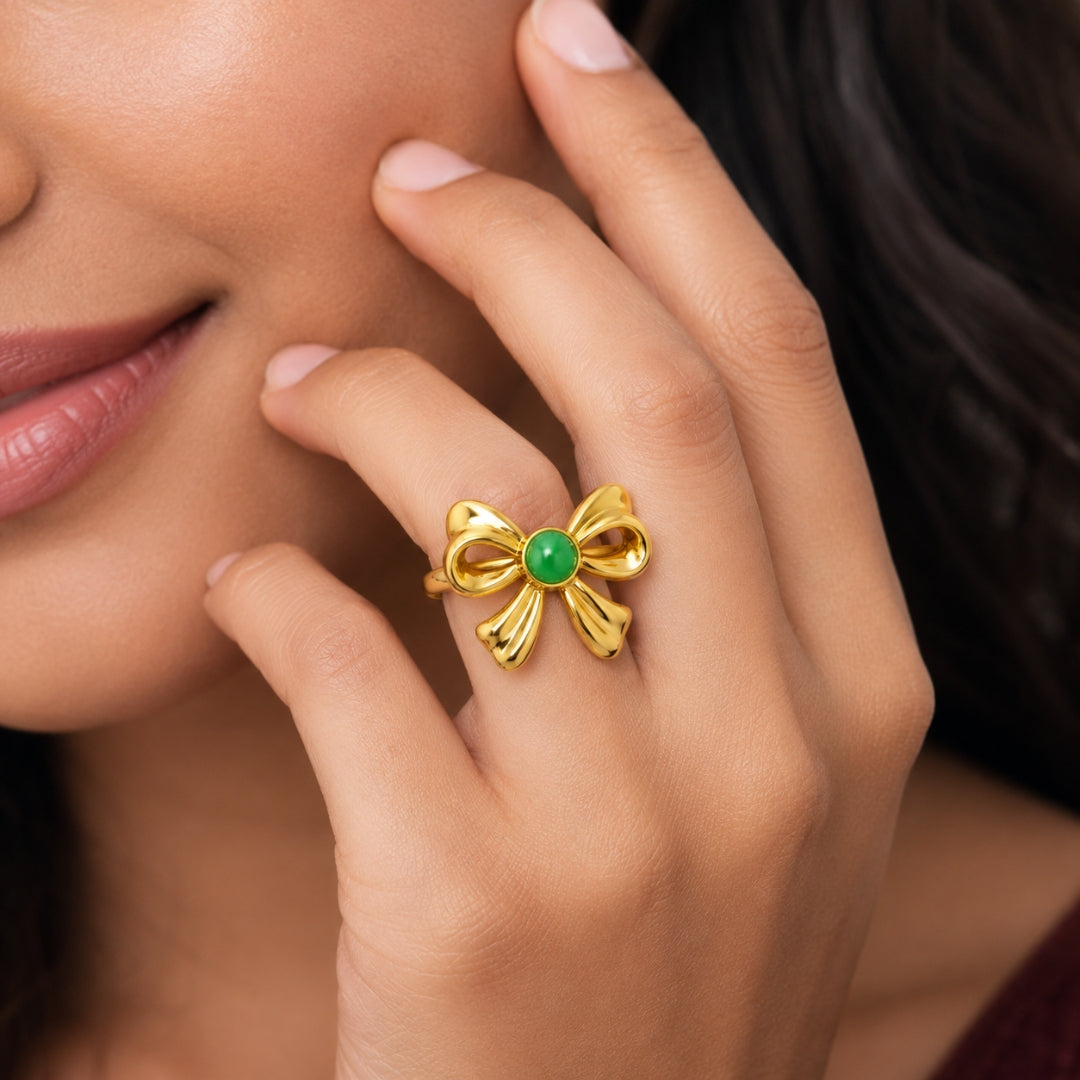 Gold Bow Ring with Green Pearl | Elegant Statement Ring