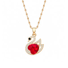 Gold Swan Pendant Necklace with Red Crystal Heart | Elegant Statement Jewellery