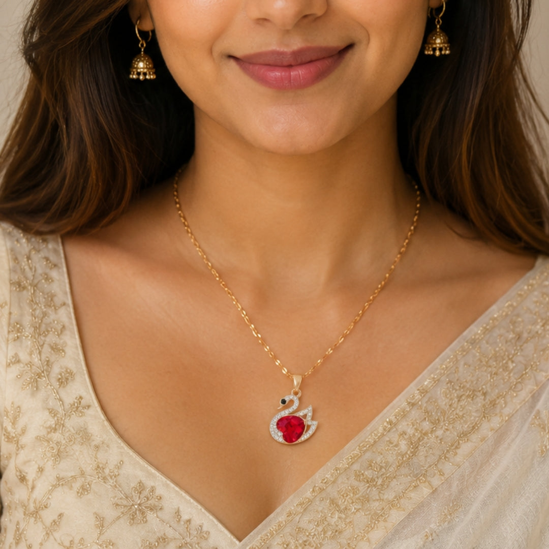 Gold Swan Pendant Necklace with Red Crystal Heart | Elegant Statement Jewellery