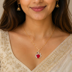 Gold Swan Pendant Necklace with Red Crystal Heart | Elegant Statement Jewellery
