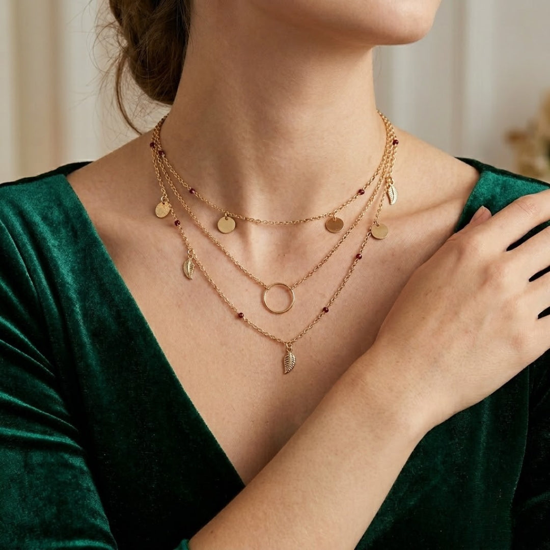 Gold Layered Leaf Charm Necklace | Boho Multi Layer Chain