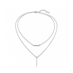 Silver Double Layer Bar Pendant Necklace | Minimalist Layered Chain