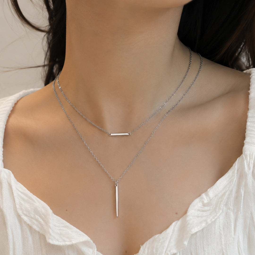 Silver Double Layer Bar Pendant Necklace | Minimalist Layered Chain