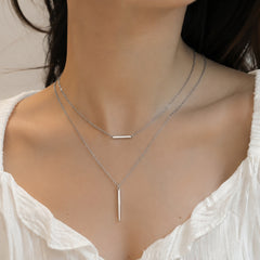 Silver Double Layer Bar Pendant Necklace | Minimalist Layered Chain