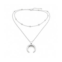 Silver Crescent Moon Layered Necklace | Double Layer Minimal Pendant Necklace