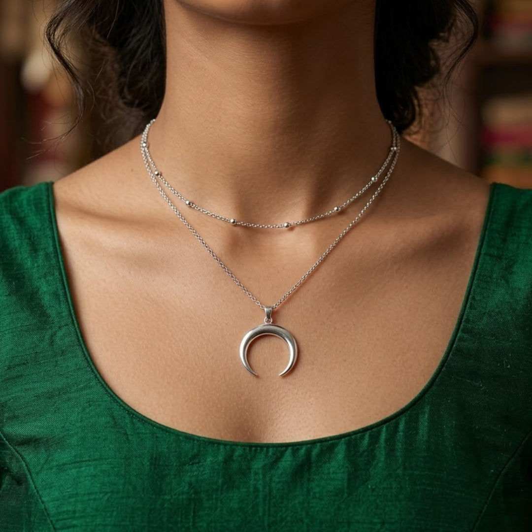 Silver Crescent Moon Layered Necklace | Double Layer Minimal Pendant Necklace