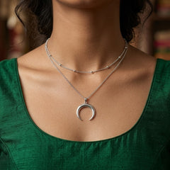 Silver Crescent Moon Layered Necklace | Double Layer Minimal Pendant Necklace