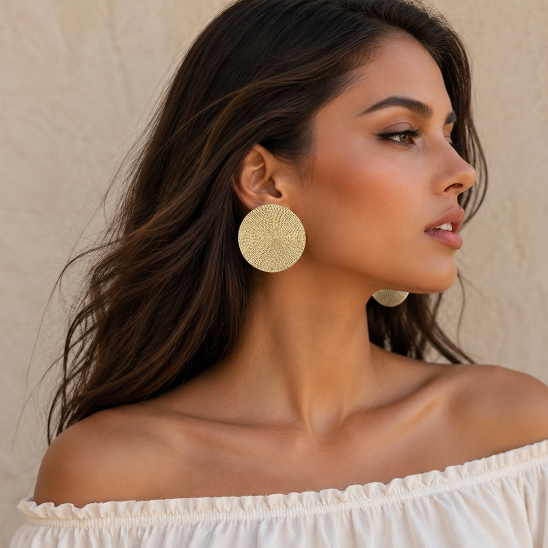Gold Textured Disc Statement Earrings | Bold Modern Fashion Earrings