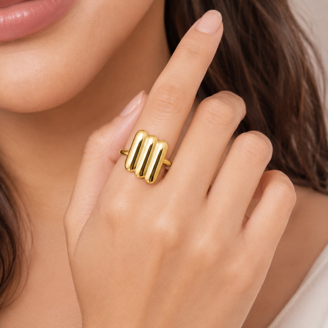 Gold Striped Statement Ring | Bold Modern Metallic Ring