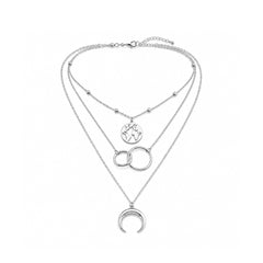 Silver Multi Layer Celestial Pendant Necklace | Moon & World Charm Necklace