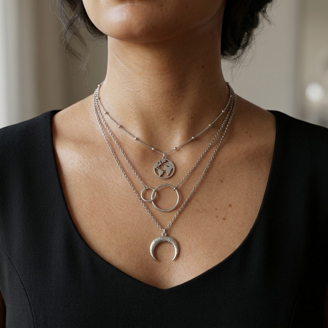 Silver Multi Layer Celestial Pendant Necklace | Moon & World Charm Necklace