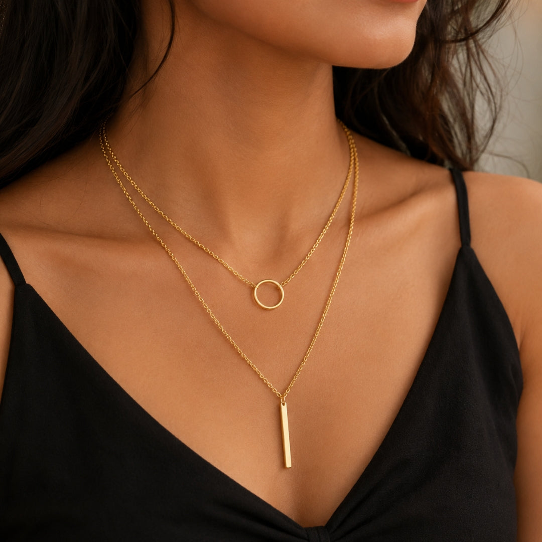 Gold Double Layer Bar Pendant Necklace | Minimal Ring Charm Jewellery