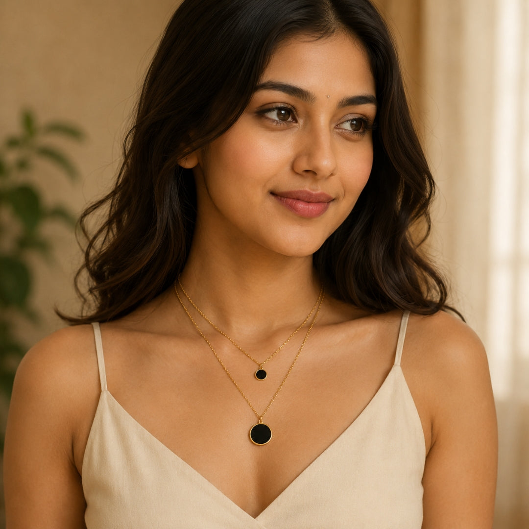 Gold Black Disc Layered Necklace | Minimal Double Layer Pendant Necklace