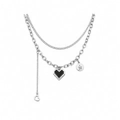 Pixel Heart Necklace with "I Love You" Charm - Silver | Retro Minimalist Statement Necklace