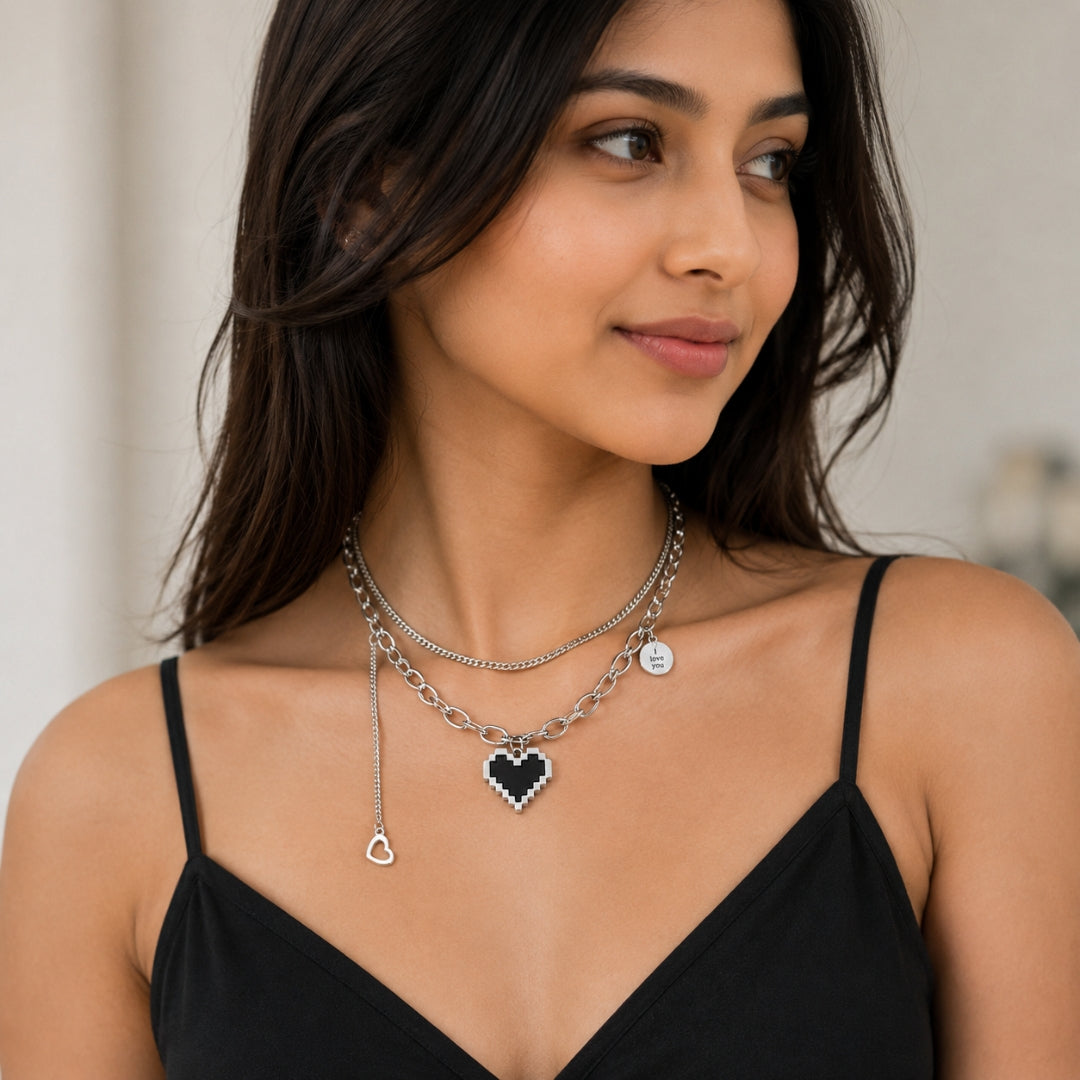 Pixel Heart Necklace with "I Love You" Charm - Silver | Retro Minimalist Statement Necklace