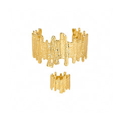 Gold Textured Cuff Bracelet and Ring Set | Bold Metallic Jewellery Set