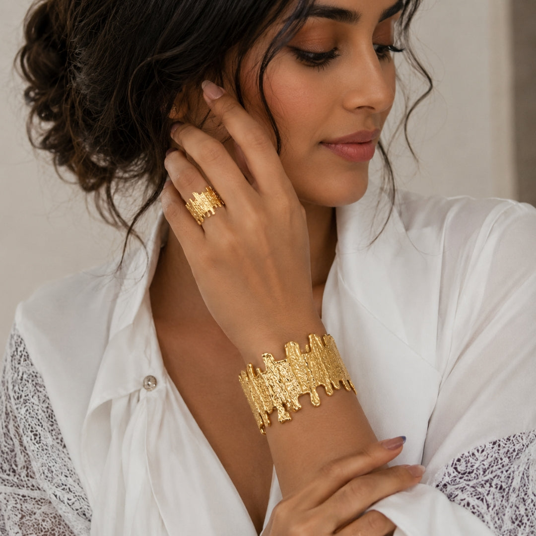 Gold Textured Cuff Bracelet and Ring Set | Bold Metallic Jewellery Set