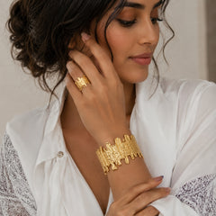 Gold Textured Cuff Bracelet and Ring Set | Bold Metallic Jewellery Set