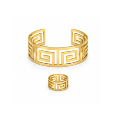 Gold Greek Pattern Cuff Bracelet and Ring Set | Bold Geometric Jewellery Set