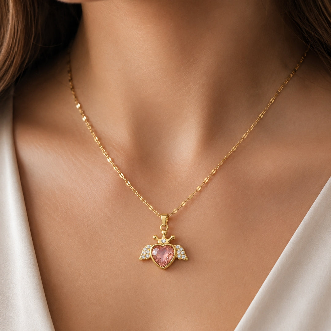 Gold Heart-Wing Pendant Necklace | Angelic Heart Charm Necklace