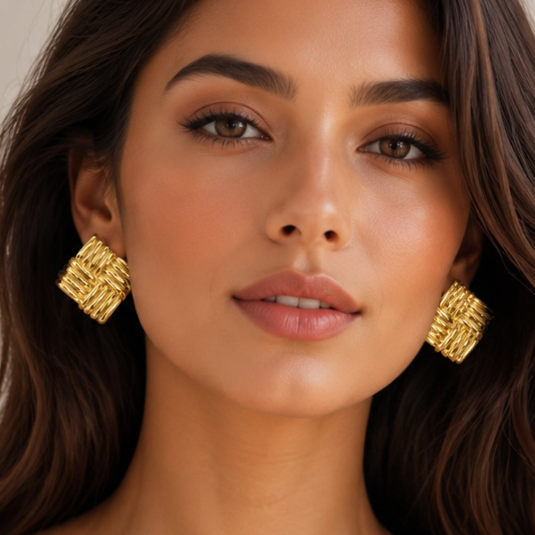 Gold Ribbed Square Statement Earrings | Bold Modern Fashion Earrings