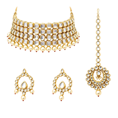 Kundan Choker Necklace Set with Maang Tikka & Pearls | Elegant Bridal Jewellery